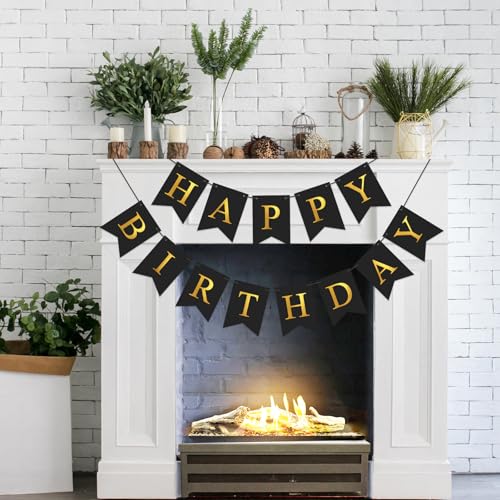 Image of Happy Birthday Banner Party Banner NO DIY Birthday Sign Black and Gold