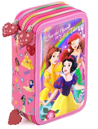 Clondo Plumier Triple - 45 peças: canetas de gel, lápis, canetas de feltro, tesouras, cola e muito mais: estojo escolar completo, ideal para a primária e presente, 25 Princesa, Estojo