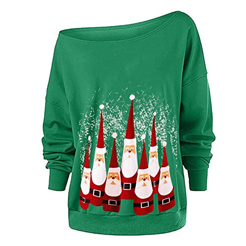 Women Christmas Sweatshirt Sexy Slash Neck Long Sleeve Tops Elk Snowflake Santa Claus Print Cold Shoulder Pullover Blouse(A-Green,XL)