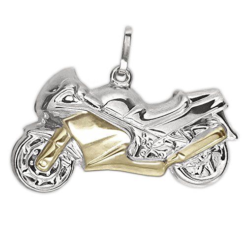 Clever Schmuck Pendentif en forme de moto en argent Sterling 925 brillant Forme sculpturale des deux côtés Aspect bicolore partiellement doré 27 x 13 mm étui inclus