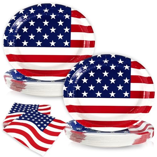 100 Pcs 4th of July Patriotic Paper Plates and Napkins Set Heavy Duty 12x10 Large Red White Blue Oval Disposable Tableware Set for Veterans Election Day Independence Day American Flag Party Decor