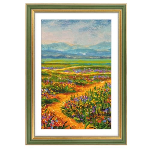 Image of Golden State Art,13x19 Ornate Picture Frame Holds 11x17 Photo,Green Gold | Includes plexiglass front,white mat,build-in hangers and buttons.Displays 11x17 photo on wall