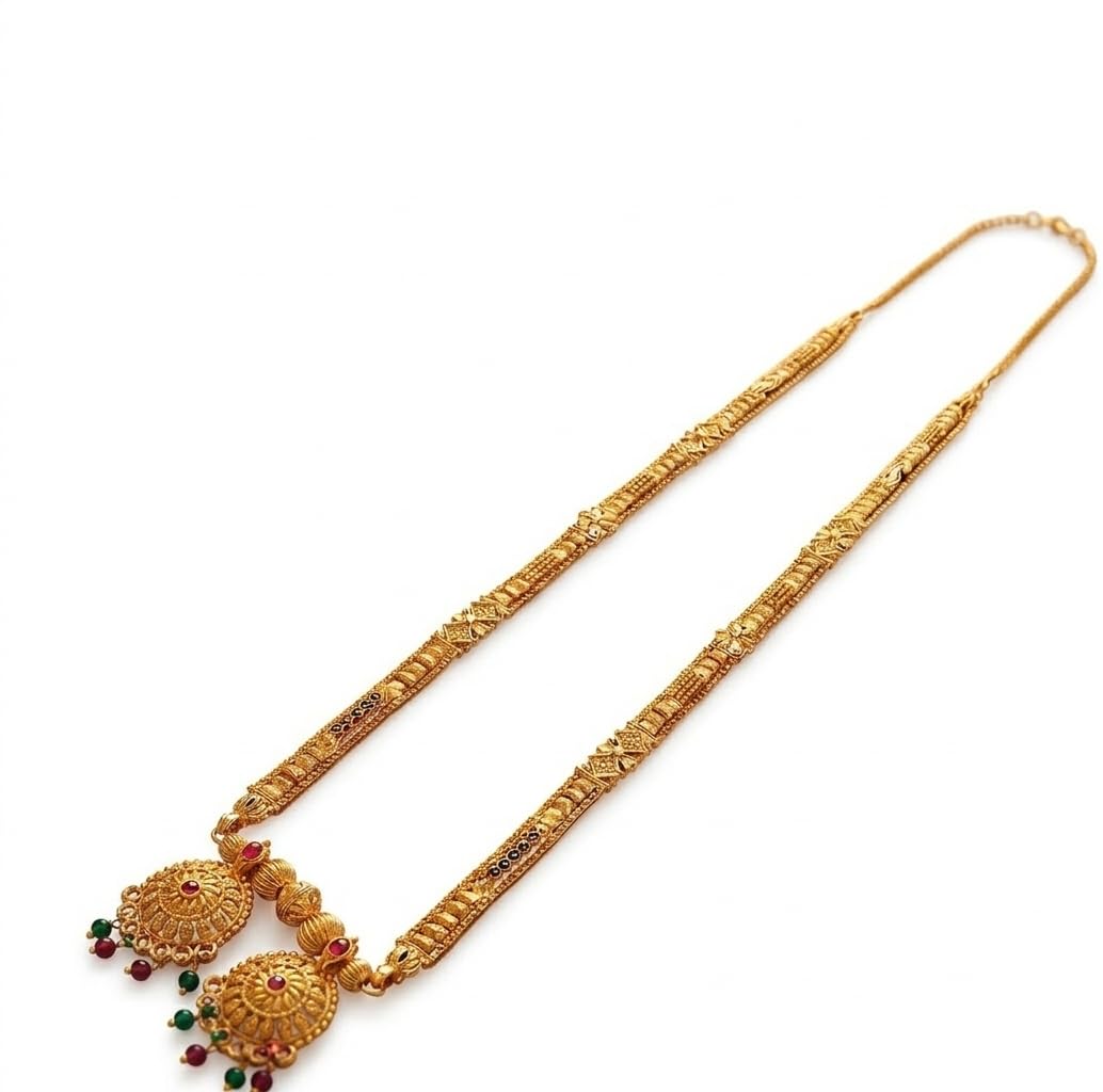 Long Mangalsutra with Double Black Bead Chain, Gold-Toned Pendant with Ruby and Pearl, Earrings Included-image-11