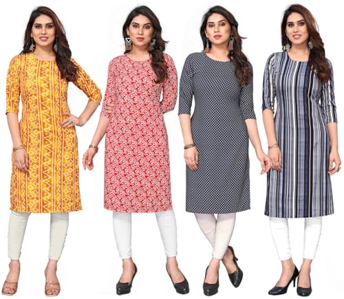 Image of JAKHANA Women's Crepe Printed Casual Straight Calf Length Round Nick Kurta Pack of 4