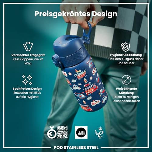 ion8 Leichte Stahl-Kindertrinkflasche, 400 ml/13 oz, Rettungsfahrzeug – Ansicht 6