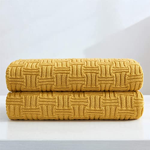 100% Cotton Navy Blue Cable Knit Throw Blanket With Bonus Laundering Bag - Large Thick, 2.5 Pounds,Extra Cozy, Machine Washable, Comfortable Home Decor (Mustard Yellow Stripe Pattern, 60"X80") #TOP6