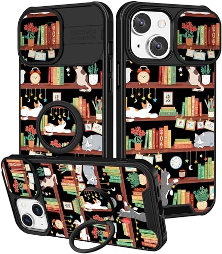 Image of Funermei for iPhone 15 Case - Women Girls Cute Phone Cover Girly Pretty Aesthetic Cat and Books Unique Design with Camera Cover Funda for Apple for iPhone 15