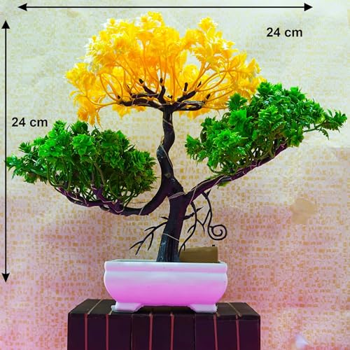 Image of Artificial LED Bonsai Tree with Lush Colorful Foliage in Elegant Plastic Pot | Artificial Plants with Pot | Indoor Plants | Home Decor Items (Yellow-Green, 24cm)