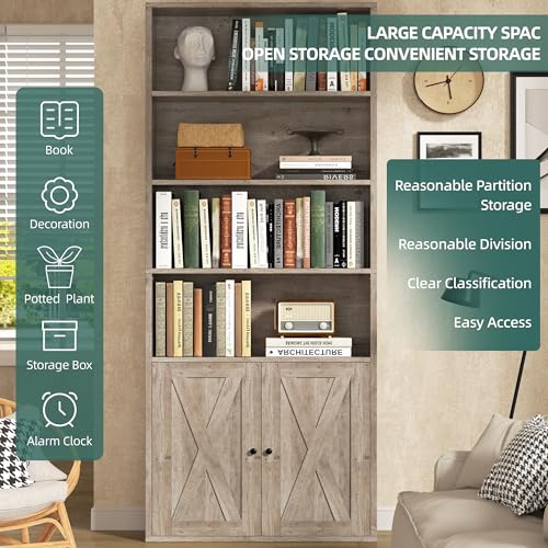 Image of Shintenchi Bookshelf, Industrial Bookshelves and Bookcases with Doors Floor Standing 6 Shelf Display Storage Shelves 70.6 inches Tall Bookcase for Home Office, Living Room (Grey)