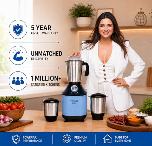 Image of Pringle Alfa 550W 3 Jar Mixer Grinder for Kitchen | 3 SS Jars (Liquidizing, Wet & Dry Grinder & Chutney) | Stainless Steel Blades | Compact & Powerful | 5 Yr Warranty | Blue