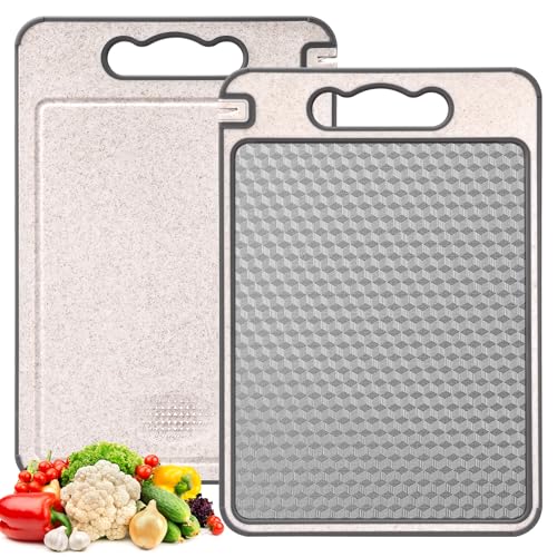 Tatxmalv Tabla de Cortar Cocina, Tabla de Cortar de Doble Cara 304 Acero Inoxidable+Paja de Trigo, Tablero de Corte Antibacteriano con Mango, Diseño de Resistente a Los Arañazos, 36.5 x 25 x 0.9 cm