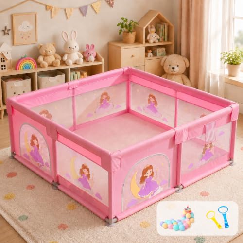 Image of Dawnwake Large Playpen 150 x 180 cm for Toddlers & Kids up to 5 Years with Pit Balls and Anti-Fall Grasp Rings, Playard with Safety Lock & Suction Cup (No Mat, Non-Foldable) (150x180cm Pink)