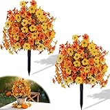 Wsinidier Outdoor Fall Artificial Flowers - 2 Pack Topiary Flower Balls with Ground Stakes, UV Resistant Orange and Yellow Fake Flower Bushes for Porch, Garden and Thanksgiving Decoration