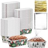 Teenyyou 50 Sets Weihnachts-Papier-Kastenform 16,3 x 5,6 x 5,6 cm, Mini-Einweg-Brotformen mit transparenten Plastiktüten und Bändern, rechteckige Backform für Brot, Kuchen, Backen (lustiger Stil)