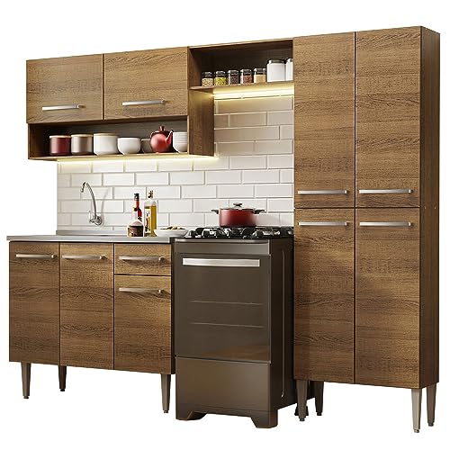 Image of Madesa Engineered Wood Full Modular Kitchen Complete Set with Cabinets, Ample Storage 229 Cm Wide with Multiple Compartments, 4 Cabinets, 2 Pull-Out Drawers, Wall Hang, Includes Sink - Brown
