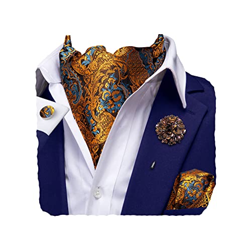 Hi-Tie Mens Gold Silk Floral Ascot Self Tie Men's Cravat and Flower Lapel Pin Handkerchief Cufflinks Set for Wedding