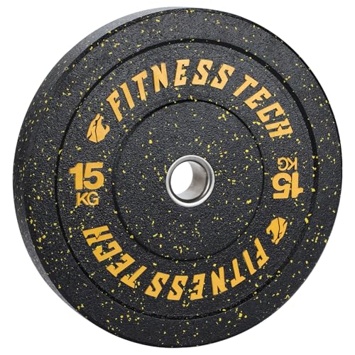 Disco Bumper Plate Hi-Temp Alta Resistencia 5-25 kg | Pesa Caucho Recilado Casquillo de Acero Inoxidable | Discos Pesas para Gym, Gimnasio en casa | Ø50 mm Fitness Tech (15, Kilogramos)