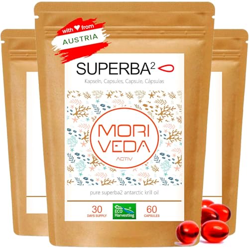 MoriVeda Superba Premium aceite de krill, cápsulas softgel, con revolucionario aceite Omega 3, astaxantina esterificada, antioxidantes y vitaminas, certificado MSC y sostenible, 180 unidades