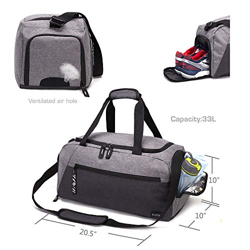 Rotot Sports Duffle Gym Bag, Men Women Duffel with Waterproof Shoe Compartment Pouch, Weekender Travel with a Water-resistant Insulated Wet Pocket Cooler (33L, Gray)