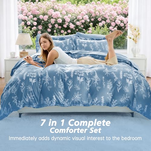 Image of MUXHOMO Ice Blue Full Comforter Set, Elegant Floral Print Bed in a Bag 7 Pieces, Ultra Soft & Breathable Reversible Botanical Pattern Bedding Set with Comforter, Sheets, Pillowcases, and Shams