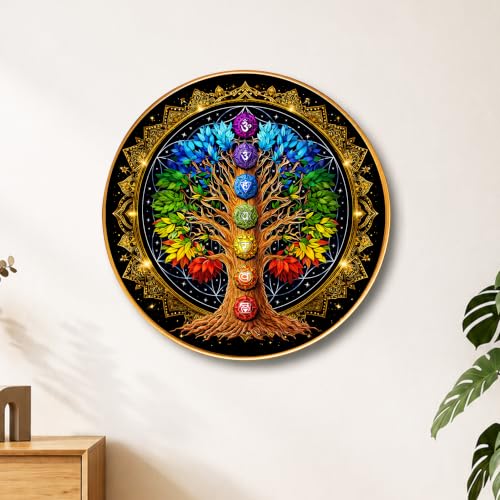 Image of PAINTINGMANTRA Chakra Tree of Life Round Wall Art Painting With Frame For Living Room | 7 Chakra Vastu Decor Framed Painting | Spiritual Round Wall Hanging for Home, Meditation Room & Gifting, 16 Inch
