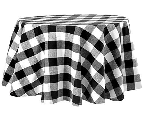 All Cotton and Linen Round 60-inch Cotton Tablecloth, Black and White Plaid, Farmhouse Style, 60