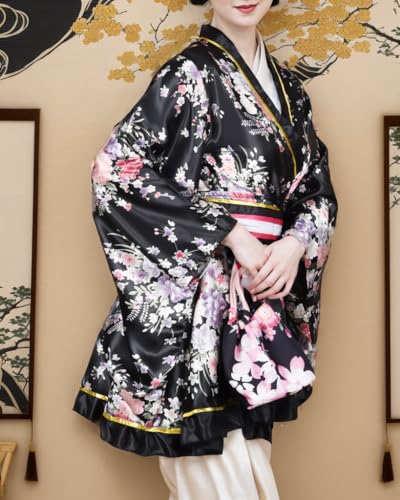 PLULON 5 Pcs Women's Japanese Kimono Robe Short Floral Print Kimono Dress Sexy Geisha Yukata Satin Bathrobe with Accessories2