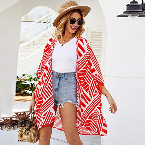 Imprimir Cardigan, Andoer Moda feminina verão listrado estampa cardigã manga curta fina casual boêmi
