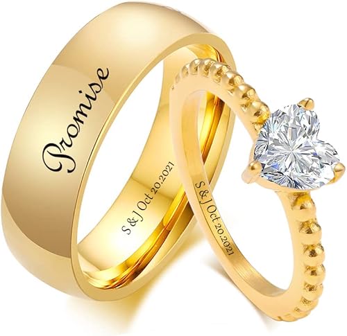 Juego de anillos de compromiso personalizados a juego para parejas de acero inoxidable oro anillos de boda para él y ella anillos de pareja grabados