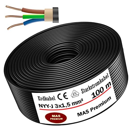 Jordkabel strömkabel från 5 m till 170 m NYY-J 3 x 1,5 mm² elkabel, ring för utomhusbruk, jordmån (100 m)