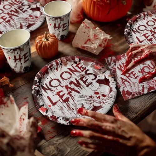 UVTQSSP Halloween Plates, Halloween Paper Plates and Napkins and Cups Party Supplies, Disposable Tableware Sets, Spooky Skull Bloody, Red - Image 3