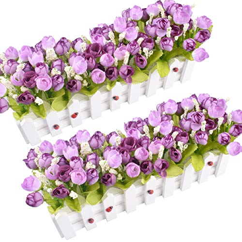 Artificial Flowers Roses and Rosebuds in Picket Fence Pot for Home Office Wedding Decoration (Set of 2, Purple)