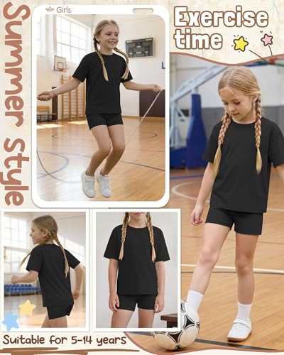 Image of Oakgarden Summer Outfits for Girls 5-14Y Athletic Casual Sets Kid Short Sleeve Shirt Bike Shorts 2 Piece Tween Trendy Clothes
