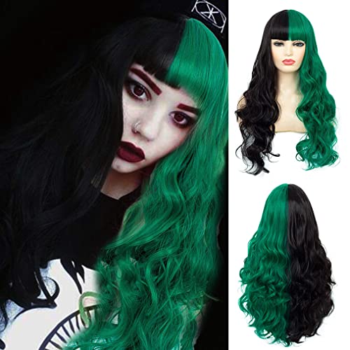 Beweig Hlaf Black Half Green Wig Long Curly Wavy Wig With Bangs Synthetic Heat Resistant Costume Cosplay Wig For Women #TOP4