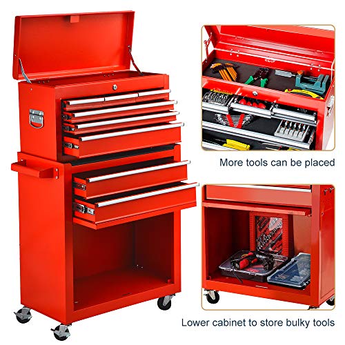 8-Drawer Rolling Tool Box, Rolling Tool Chest with Drawers and Wheels, Tool Storage Cabinet with 4 Swivel Wheels (2Pcs with Brake), Keyed Locking System Tool Organizer (Red)