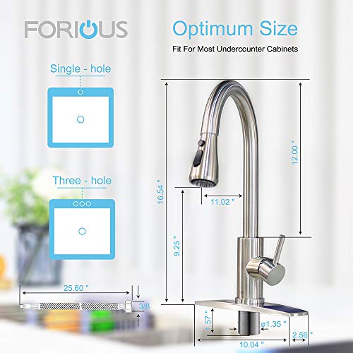 FORIOUS Kitchen Faucet with Pull Down Sprayer Brushed Nickel, High Arc Single Handle Kitchen Sink Faucet with Deck Plate, Commercial Modern rv Stainless Steel Kitchen Faucets, Grifos De Cocina