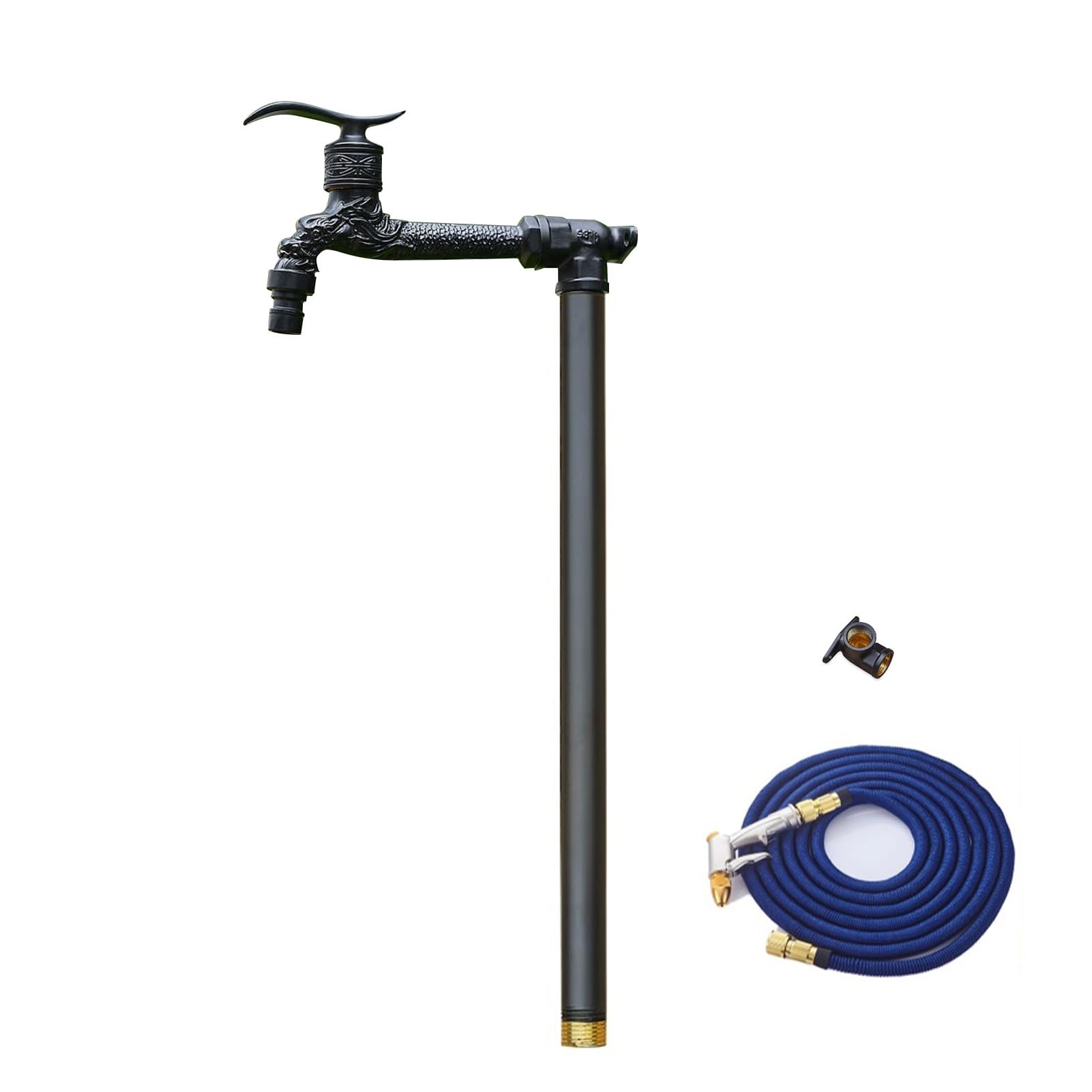 Freistehende Garten-Wassersäule mit Wasserhahn, zylindrischer vertikaler Wasserauslass für den Außenbereich, Wasserspender-Hydrant mit Spritzpistolenschlauch(Normal B,35.4in/90cm)