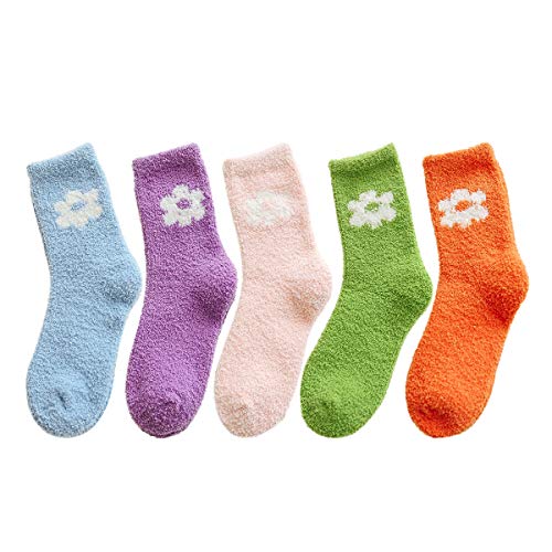 Women Super Soft Cute Flower Fuzzy Warm Slipper Socks Casual Home Sleeping Fluffy Cozy Socks 5 Pairs (5 Pairs,C)