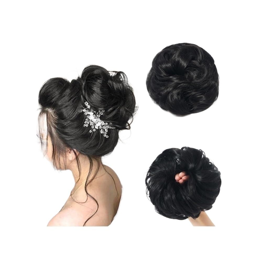 QRSTUVXZY Messy Bun Hair Piece Curly Synthetic Extensions Scrunchies Fake Chignon Updo Hairpieces for Women(Off Black)