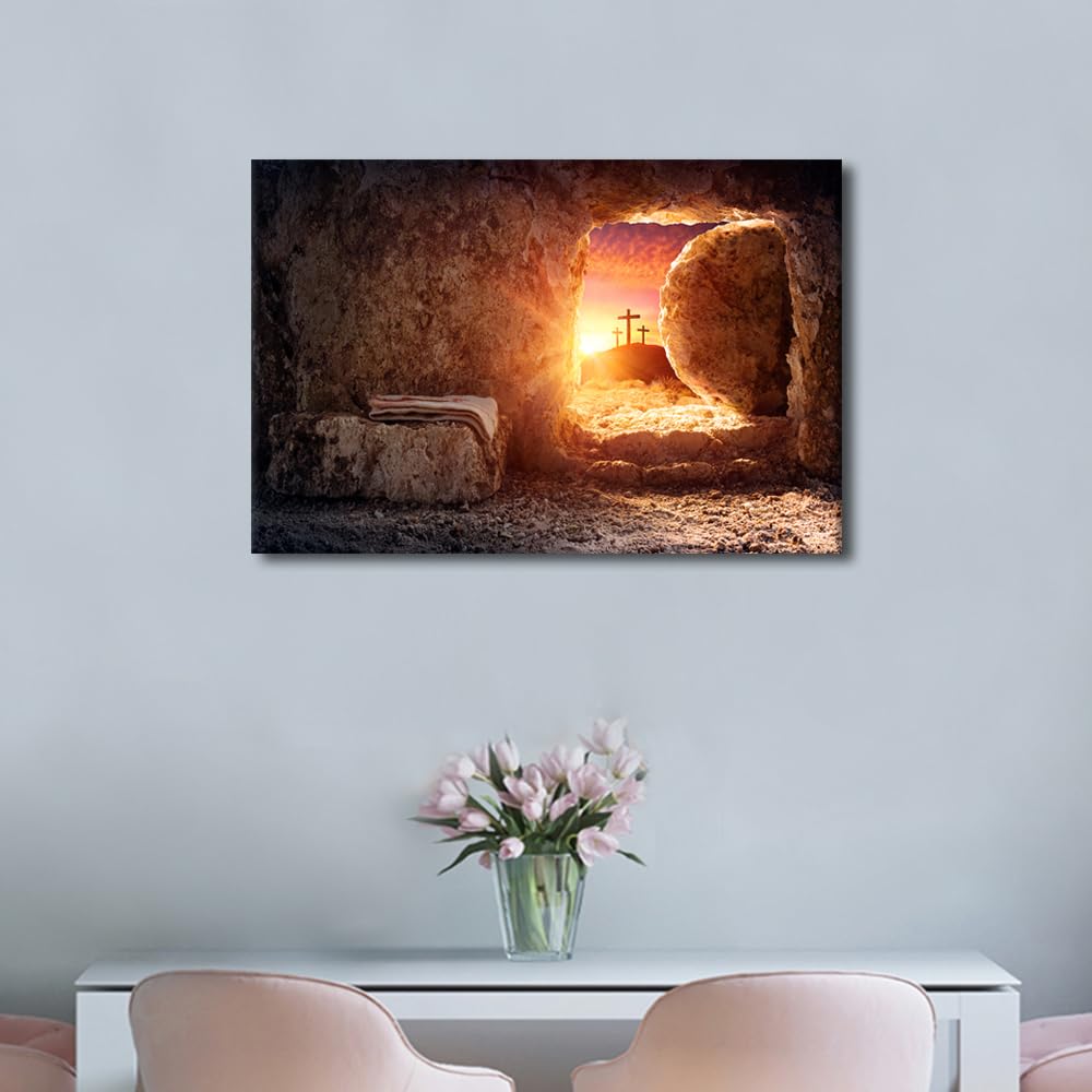 1 Panel Framed Wall Art Tomb Empty With Shroud And Crucifixion At Sunrise - Image 3