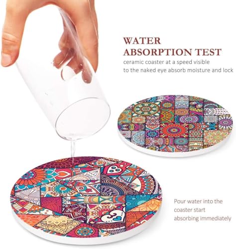 Image of Coaster for Drinks Set of 6, Vintage Ottoman Flower Mexican Mandala Table Absorbent Round Wood Stone Mat, with Cork Base and Metal Holder, Gift for Housewarming Room Bar Decor