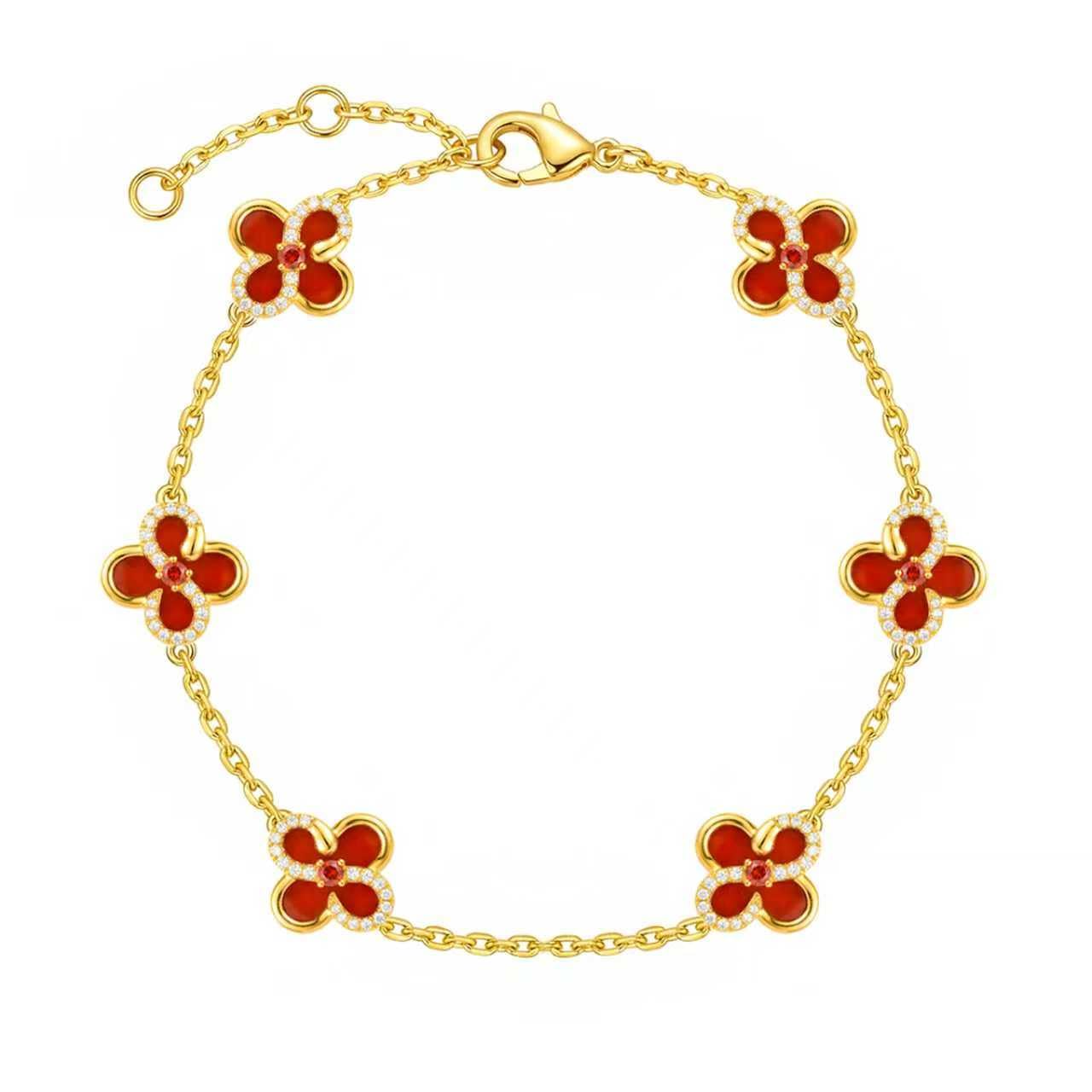 Bracciale a quadrifoglio, quadrifoglio, rosso, placcato in oro 18 carati, gioiello in acciaio inox, adatto come regalo per donne, parenti e amici