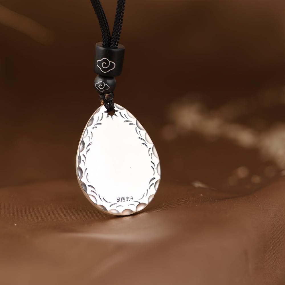 ForFox Collana Yin Yang in argento sterling 999 per uomo donna ciondolo a goccia martellato con cordino nero 60cm