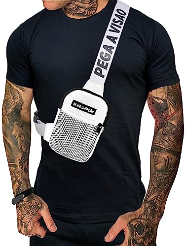 Kit Chapeu Bucket Preto + Shoulder Bag Mini Bolsa Lateral Masculina Pega a Visão Branco