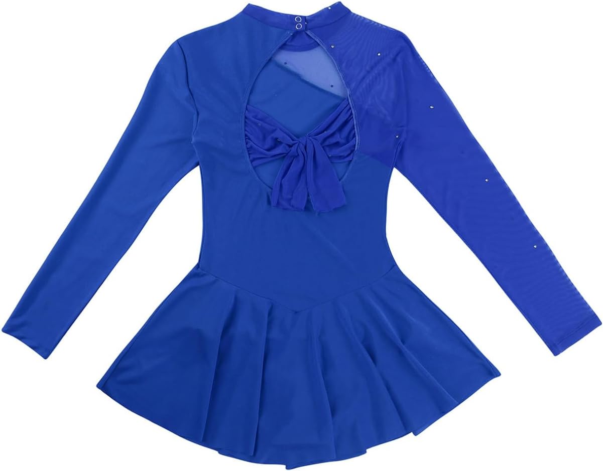 Agoky Women's Long Sleeve Mesh Patchwork Leotard Dancewear Gymnastics Figure Ice Skating Dress Short Skirted