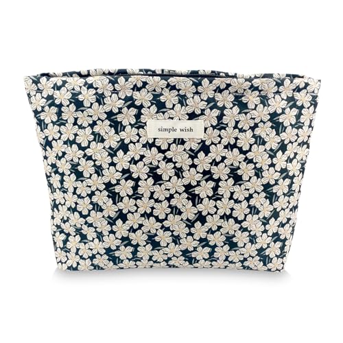 Yovell Large Aesthetic Makeup Bag, Floral Cosmetic Bags for Women Girls, Canvas Makeup Organizer Storage with Zipper, Travel Toiletry Bag, Cute Skincare Bag (Daisy Black)