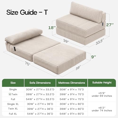 Image of Convertible 4-in-1 Folding Sofa Bed Boneless Sleeper Chair Couch Foldable Chaise Lounger & Mattress Pocket Coils+Foam Fill Medium Support, No Assembly for Living Room /Bedroom, Twin Beige