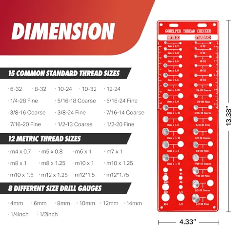 Nut and Bolt Thread Checker, Used SUS304 Stainless Steel Thread, Bolt and Nut Identifier Gauge, Screw Bolt Size and Thread Gauge with 15 Standard & 12 Metric, 8 Drill Bit Gauge