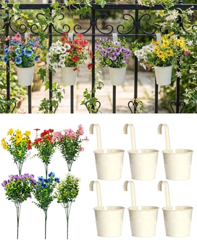 Evolpor 6 x Fake Flowers with Flower Pots Sets 10cm Metal Iron Hanging Flower Pots Small Balcony Hanging Planters with Drainage Holes and Detachable Handles for Indoor Outdoor Home Garden Decor
