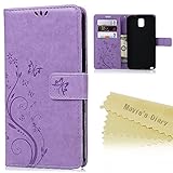 Note 3 Case,Samsung Galaxy Note 3 Case - Mavis's Diary Wallet Embossed Butterflies Flowers Design Folio Flip PU Leather with Stand Magnetic Closure Card Slot Shockproof Soft TPU Inner Cover - Purple